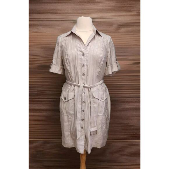 Chico's Button Front Shirt Dress Beige Shimmer 3.5/ XL Short Sleeves Pockets - Picture 1 of 15